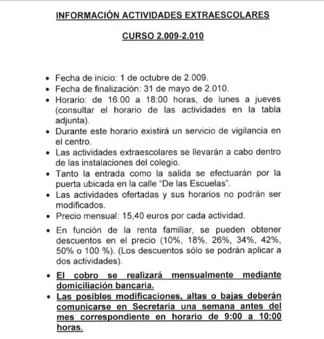 Información actividades extraescolares