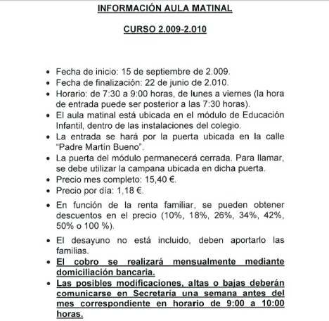Información aula matinal